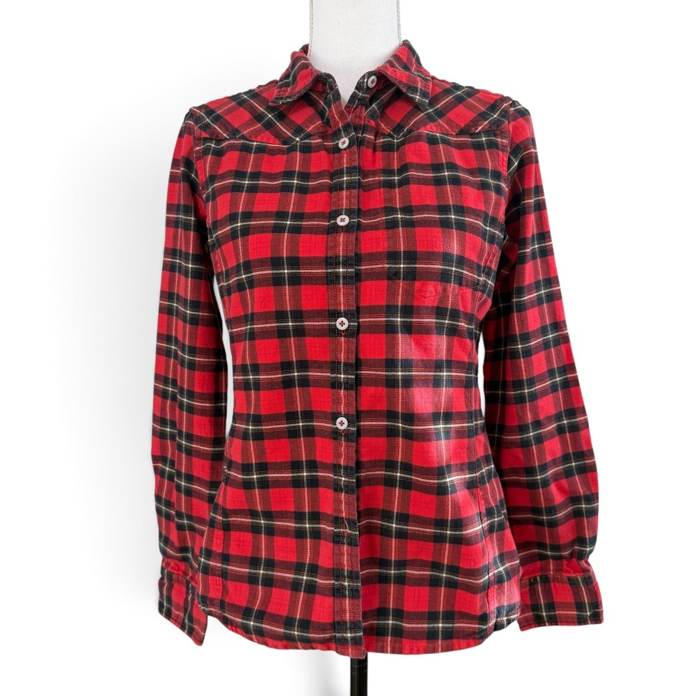 Stio Jackson Hole Women sz S Red Black Plaid Flannel Button Down Shirt FW16FOC1